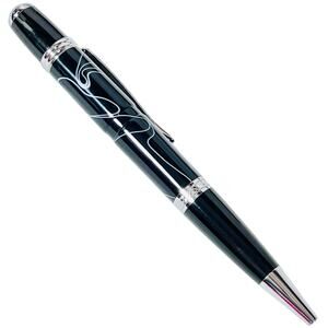 Hand Turned Ballpoint Pen Black with White Swirl Resin Chrome Twist Style New